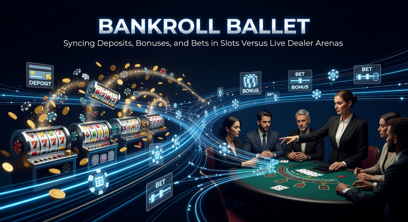 Infographic comparing bankroll charts for slots (volatile peaks and troughs) and live dealer (smoother waves), overlaid with deposit and bonus synchronization icons