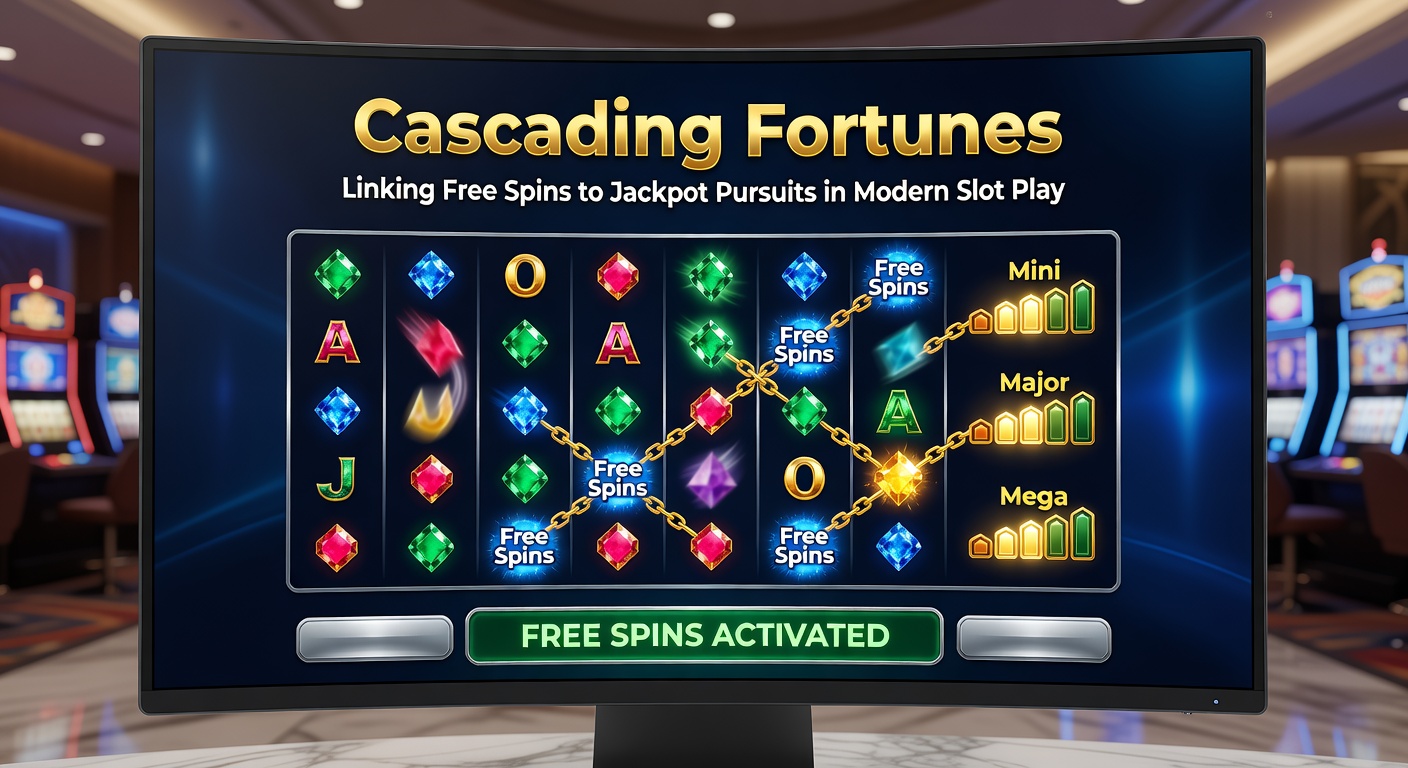Close-up of a slot screen showing free spins in action, cascading wins stacking multipliers toward a glowing progressive jackpot