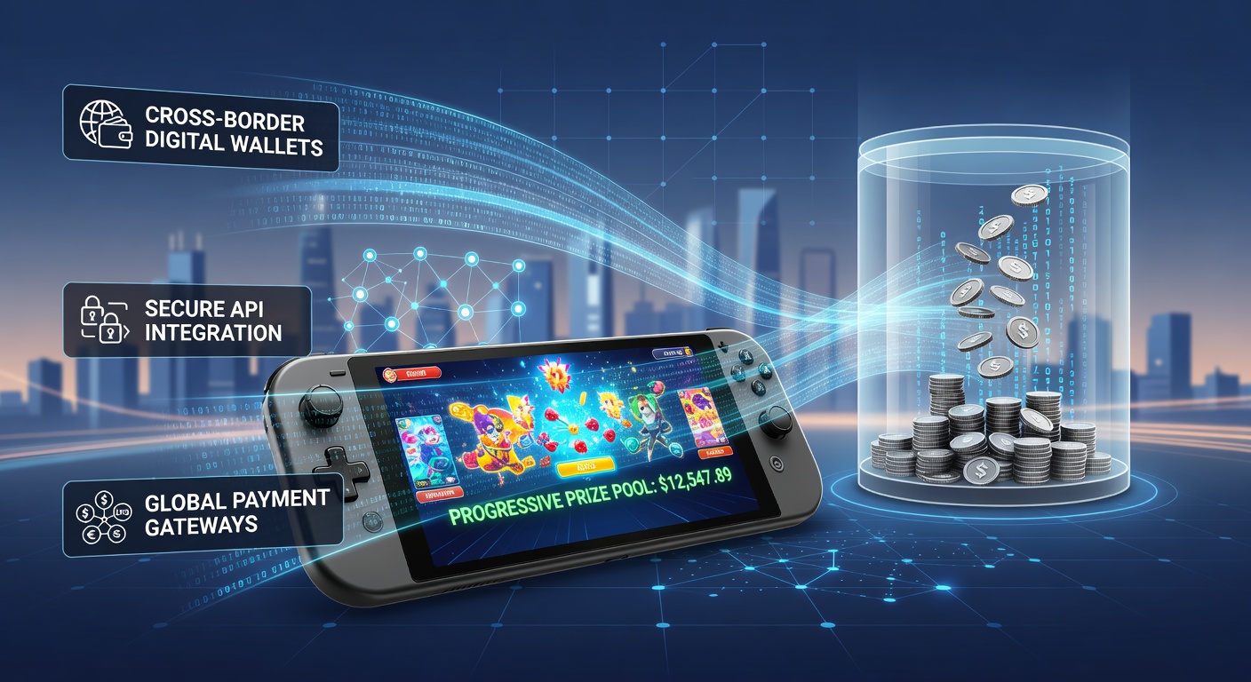 Mobile gaming interface displaying progressive jackpot linked to cross-border digital wallet transactions