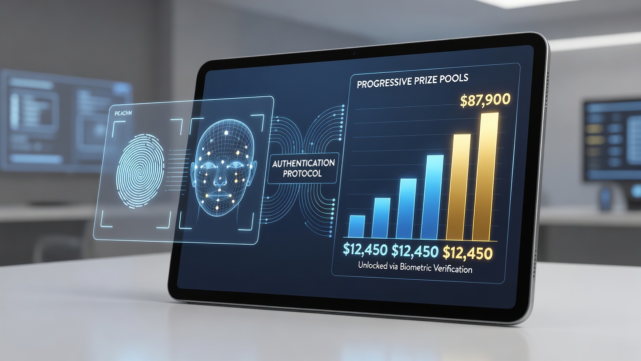 Close-up of mobile screen showing live progressive jackpot counter connected to secure biometric verification prompt