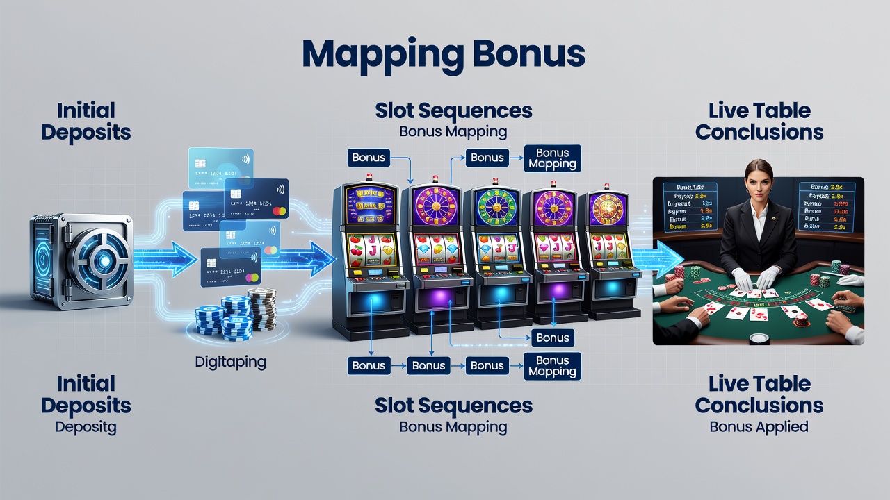 Flowchart illustrating bonus movement from slot machines to live casino tables with wagering progress indicators