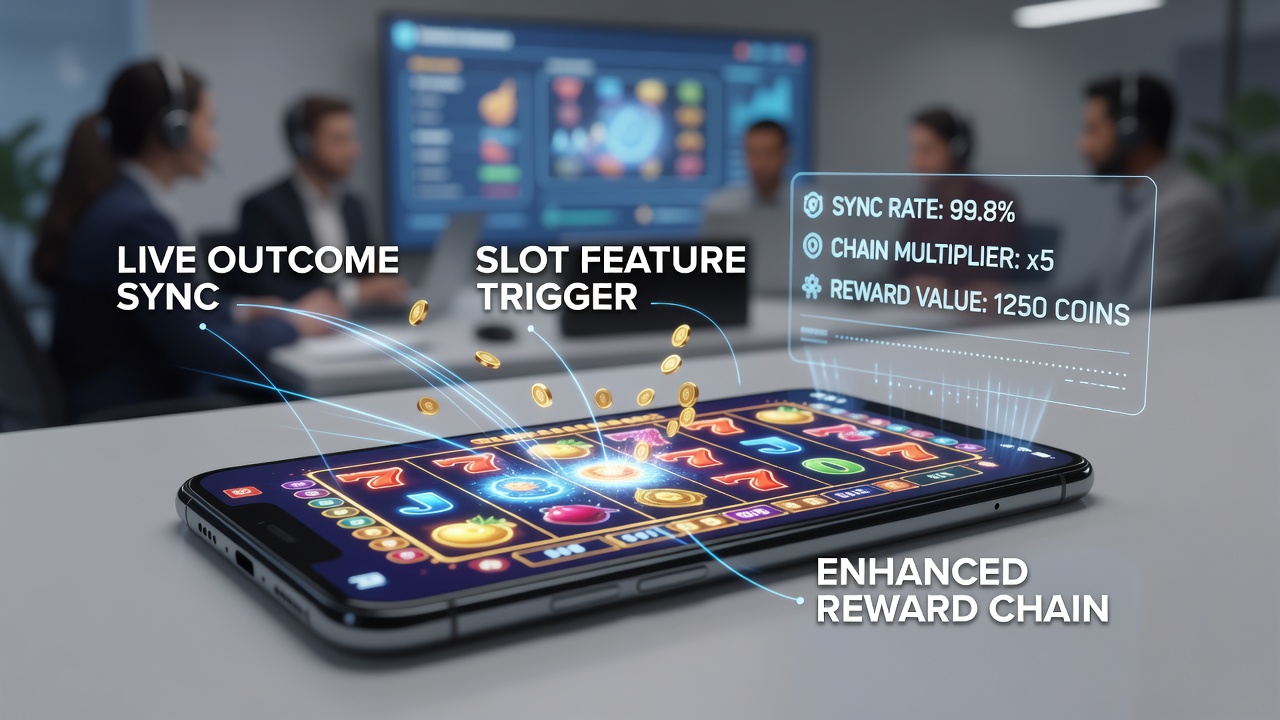 Close-up of mobile app interface showing live data overlay on slot reels with reward chain indicators
