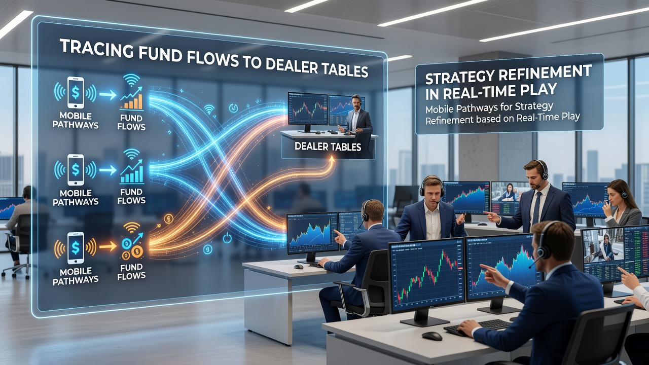 Analytics dashboard on smartphone showing fund allocation across multiple live dealer tables with strategy metrics